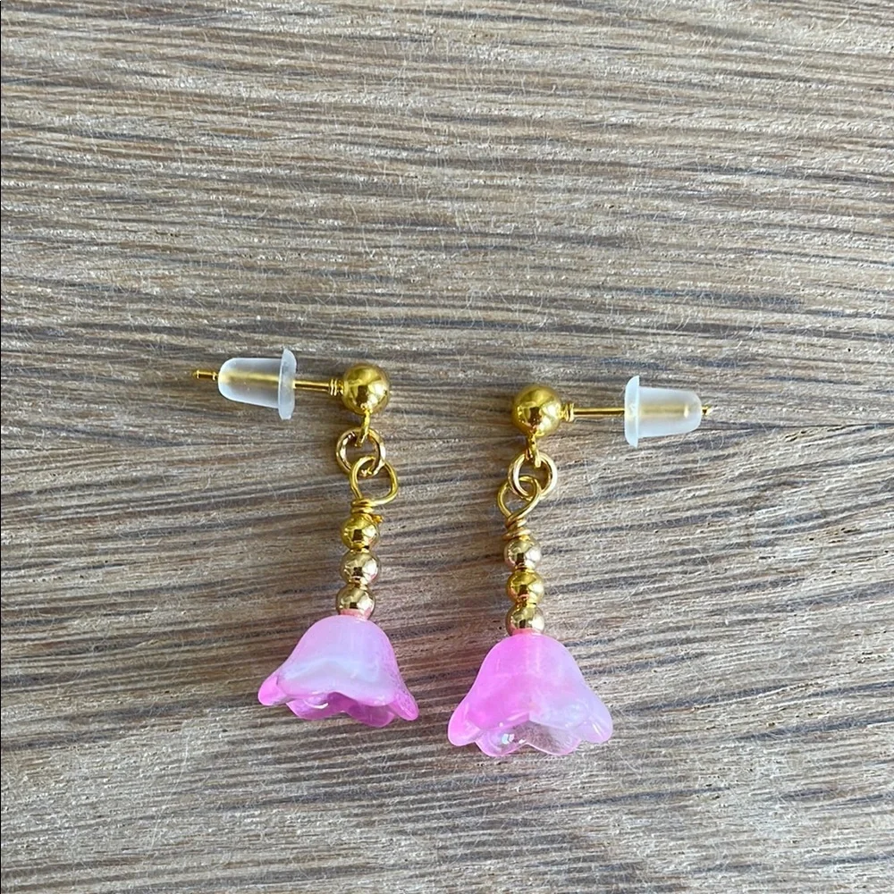 HAND CRAFTED DAINTY PINK FLOWER DROP PIERCED EARRINGS Pink Gold